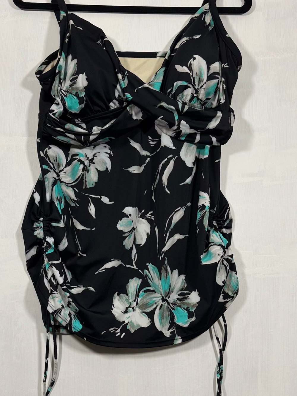 Black Floral Camisole Swimsuit Tank with Teal Accents